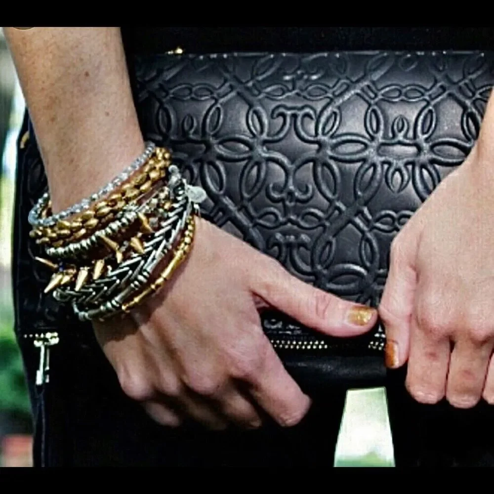 Alex and Ani Gabriel black leather foldover clutch bag embossed geometric print
